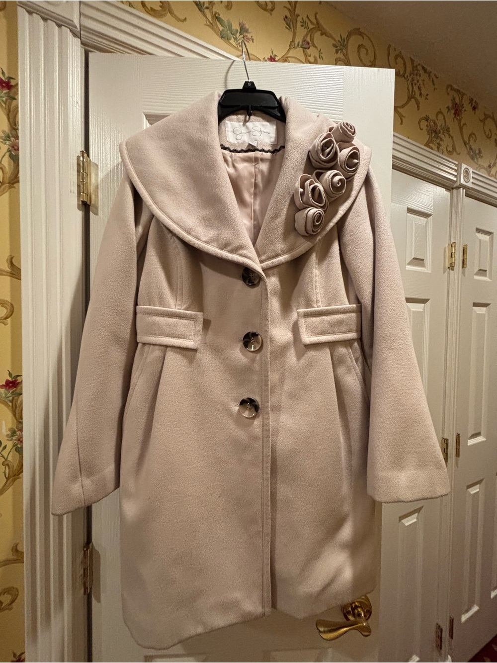 Jessica Simpson Light Beige Wool-Blend Pea Coat with Rosette Detail